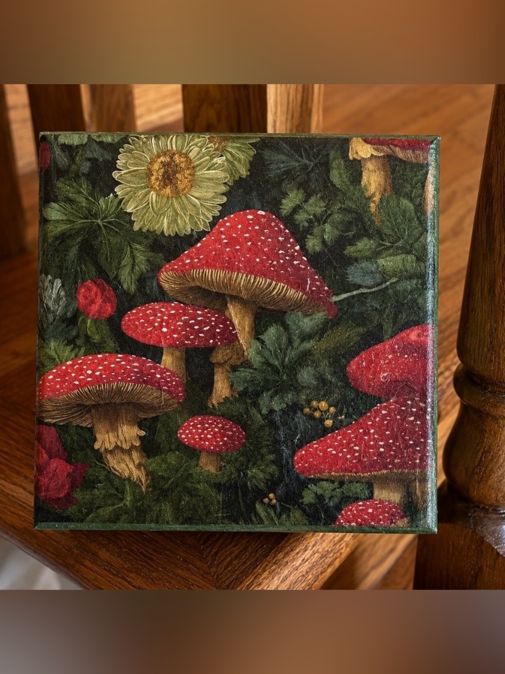 Red Mushroom Botanical handmade wood trinket box.